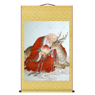 老寿星画像南极仙翁卷轴挂画客厅仙麋献寿装饰画墙壁画书房卷轴画