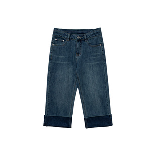 【清仓】UNRETRO复古水洗蓝色修身七分牛仔裤女高腰窄版直筒裤