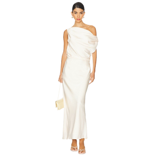 SNDYS CALISSA 长裙香槟色高级感缎面褶饰露肩连衣裙REVOLVE新款