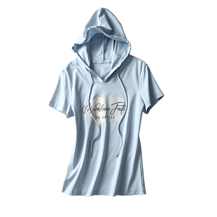 丝光棉浅蓝色t恤女2026春夏新款连帽印花短上衣女修身薄款卫衣女