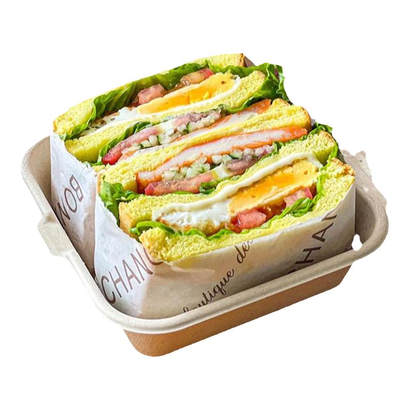 热压厚切三文治一次性纸浆盒水果三明治包装纸盒轻食贝果便当盒