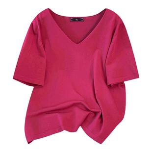 欧美胖mm大码女装240斤深V领高级感夏装宽松针织衫冰丝短袖T恤