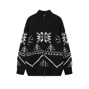荒荒家拉链菲尔岛毛衣外套2025冬季新款圣诞复古慵懒立领针织衫女