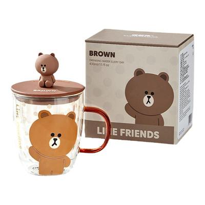 LINE FRIENDS双层玻璃杯带盖带把手高颜值喝水杯子女家用咖啡茶杯
