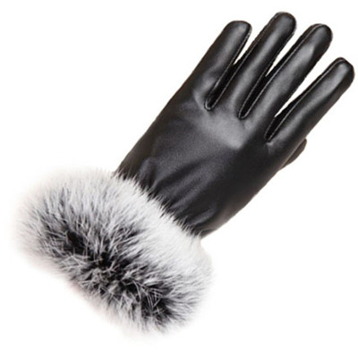 皮手套兔毛口加绒保暖薄款女
