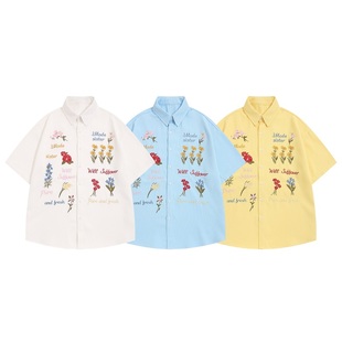 TWORED美式复古华夫格彩色花卉刺绣衬衫短袖宽松慵懒风休闲百搭