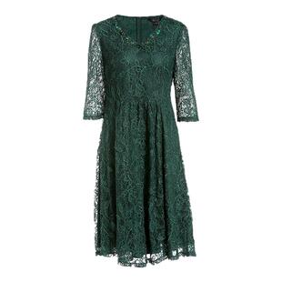 简爱诺女装墨绿V领半袖修身散摆长款蕾丝连衣裙春季新款J910194LQ