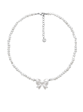 JOLIENANA/爱心蝴蝶结项链/原创时尚/镀金哑光银白色天然淡水珍珠