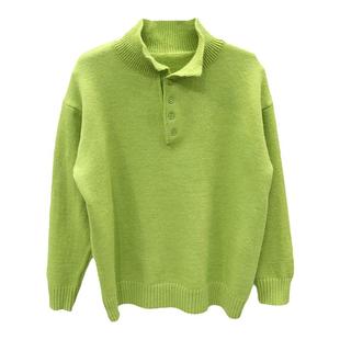 秋冬款复古美式亨利领绿色毛衣男装韩版潮流宽松慵懒风针织衫外套