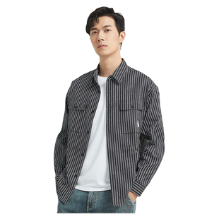 【工装外套】古鲨黑白竖条纹长袖衬衫男英伦风宽松衬衣男春