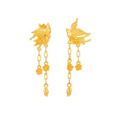 明牌珠宝古法黄金云燕杏林双飞耳饰 足金平安喜庆女款耳钉AFH0436