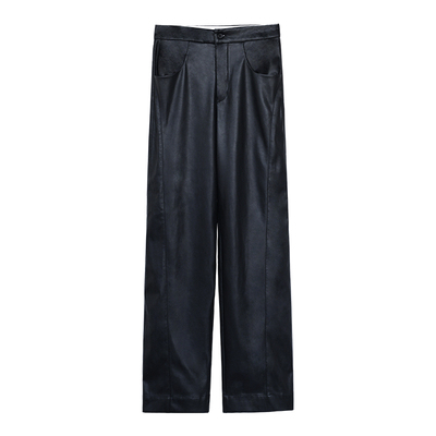 高腰通勤因由长裤皮裤