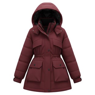 鸭鸭安可拉红色羽绒服女中长款收腰派克服连帽冬季保暖羽绒外套女