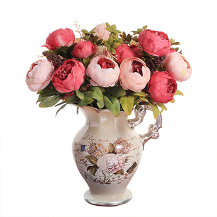 13头欧式包芯牡丹高仿真大把花束复古假花人造花家居客厅装饰摆件