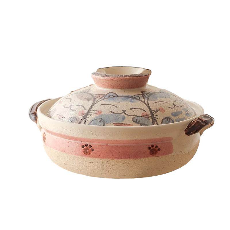 日本进口万古烧手绘土锅萌猫炖锅家用砂锅日式燃气陶瓷汤锅煲仔饭