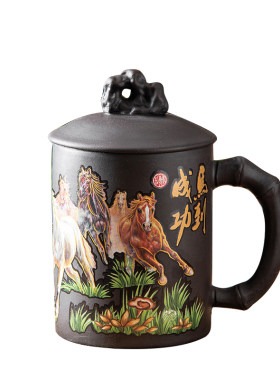 朱泥大号紫砂变色盖杯 马到成功大容量茶杯 中国风半手工办公室杯