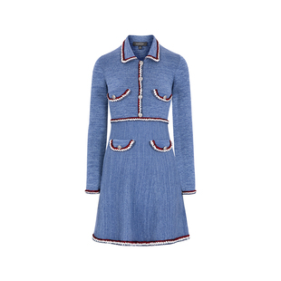 MARYLING玛俪琳秋季新品雾蓝色翻领长袖中裙羊毛针织连衣裙