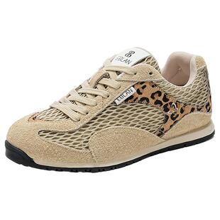 EBLAN/伊伴豹纹渔网鞋女2026春季新款透气网面运动休闲德训阿甘鞋