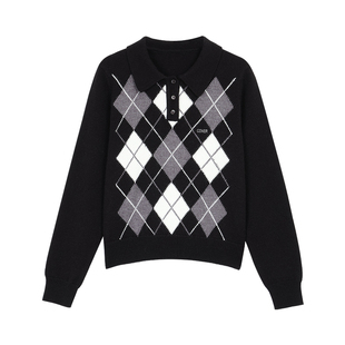 pusumede 悠然假日 复古polo领撞色毛衣女设计感菱形格纹针织上衣