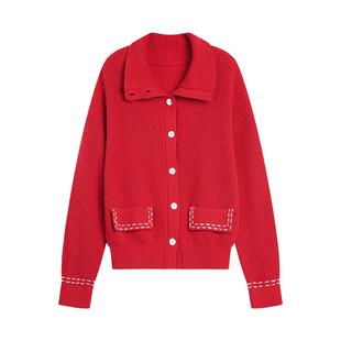 【祝绪丹同款】ELLE红色针织开衫女25冬新款绵羊毛慵懒圣诞毛衣