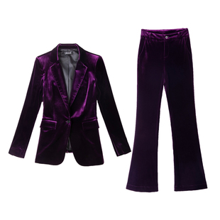高级感紫色金丝绒西装套装女职场气质显瘦女人味西服微喇裤两件套