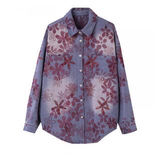 宝诗黎翻领烫钻牛仔衬衫女2026春季韩版宽松慵懒百搭休闲棉质衬衣