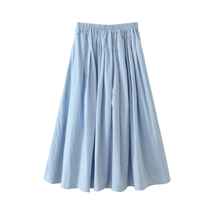半身裙女长裙2026春夏新款百搭淡蓝裙高腰显瘦百褶长裙夏大摆棉裙