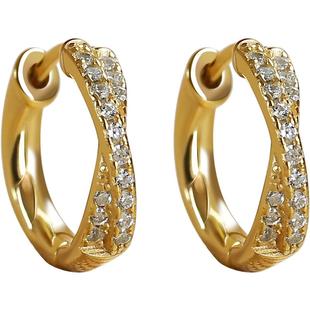 卡伦图925纯银耳环女实心交叉双排钻耳扣18K金色耳圈精致麻花耳钉