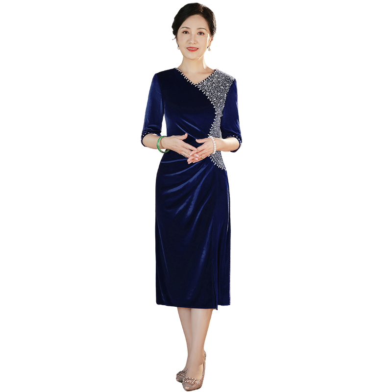 蓝色丝绒妈妈结婚礼服高贵年轻喜婆婆婚宴装秋冬婚礼喜服平时可穿