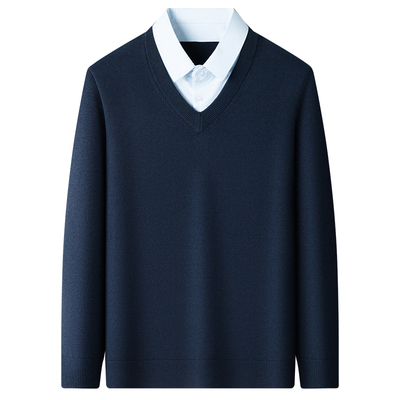 罗蒙男士长袖衬衫领假两件针织衫