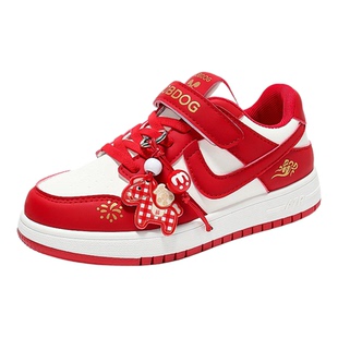 巴布豆童鞋男童板鞋2026秋冬新款皮面女童红色新年限定儿童运动鞋