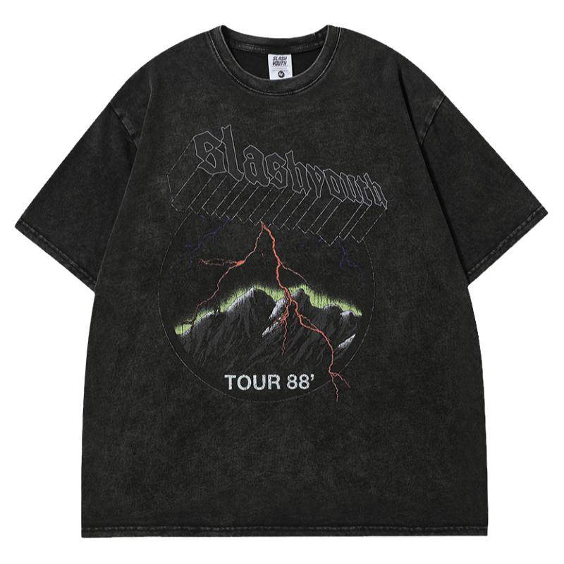 From Mars 电闪雷鸣 欧美暗黑系山峰闪电印花vibe宽松水洗短袖T恤