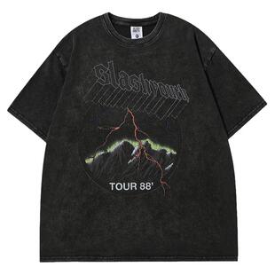 From Mars 电闪雷鸣 欧美暗黑系山峰闪电印花vibe宽松水洗短袖T恤