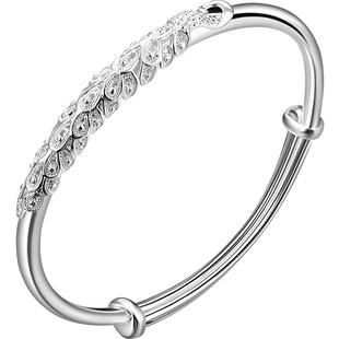 老银匠纯银孔雀镂空雕花繁花银手镯女士推拉式高级感s999足银手镯