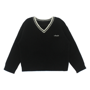 大耳象女童V领字母刺绣套头毛衣2026春季新款宝儿纯羊毛针织上衣