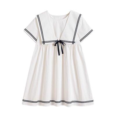 哈齿全棉白色海军风女童连衣裙