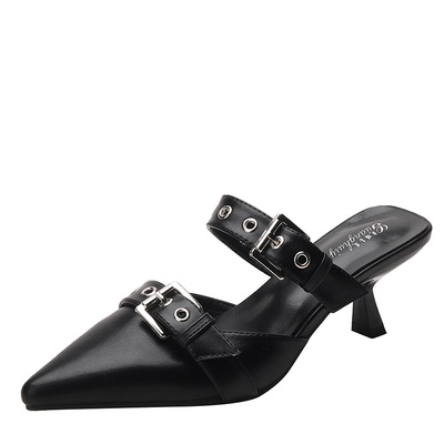 韩版细跟半拖鞋皮带扣尖头高跟鞋
