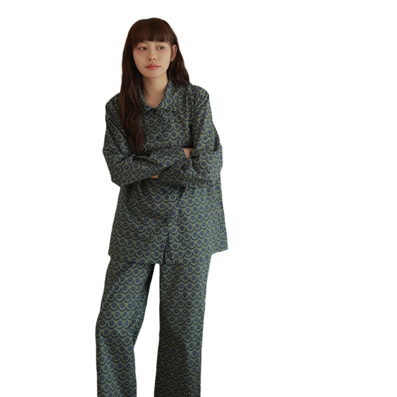 MollyRosa知野蓝花纯棉60高支高密睡衣女款长袖长裤家居服可外穿