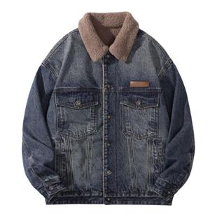冬季翻领仿羊羔绒棉衣外套男2025新款加厚保暖工装牛仔夹克棉服潮