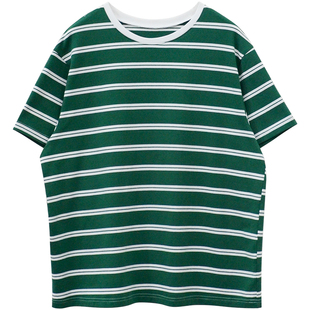 333sss清爽的绿～miu风撞色条纹圆领宽松休闲短袖T恤上衣女夏