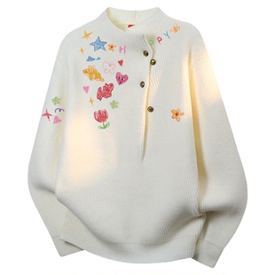 查尔斯桃心卡通涂鸦半高领冬季针织衫毛衣男女宽松休闲长袖上衣服