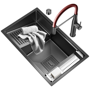 阿萨斯阳台洗衣池带搓板枪黑色304不锈钢家用洗衣水槽台下盆单槽