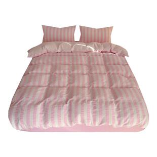 Pink|超柔软A类简约条纹全棉皱皱纱四件套桃粉色纯棉床品1.8床笠