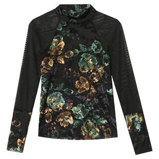 加绒蕾丝打底衫女秋冬欧货性感网纱拼接植绒上衣紧身内搭长袖t恤