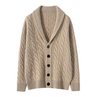 秋冬男士100%纯山羊绒开衫青果领三股加厚针织外套青果领羊绒毛衣