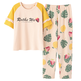 睡衣女夏季薄款卡通短袖长裤纯棉两件套装可爱甜美韩版少女家居服