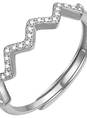 皇家莎莎S925银仿水晶戒指波浪素圈可调节指环戒子手饰品女