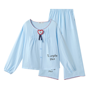 yso【礼物系列】睡衣女春夏新款双层纱水蓝色甜美可爱家居服套装A