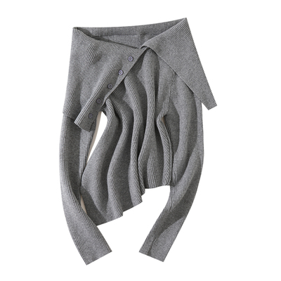 大于诗集 纽约时报 法式大翻领一字肩不规则针织衫女修身显瘦毛衣