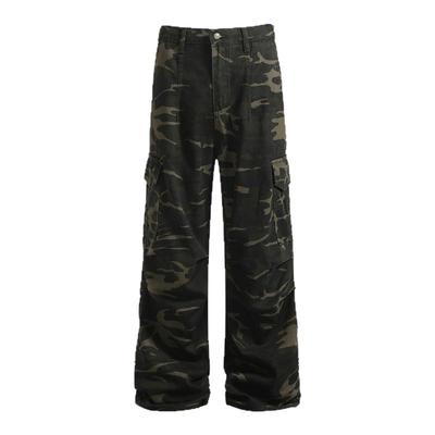 YORAINBOW 秋季美式复古迷彩工装口袋宽松休闲阔腿直筒酷飒牛仔裤